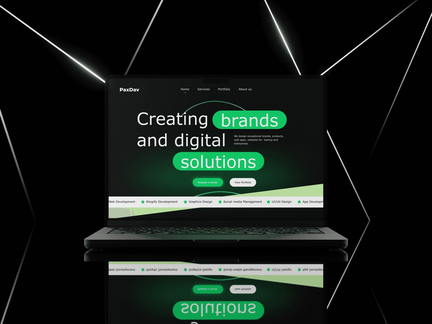The hero on laptop: one promise, two actions (Request a Quote, View Portfolio)