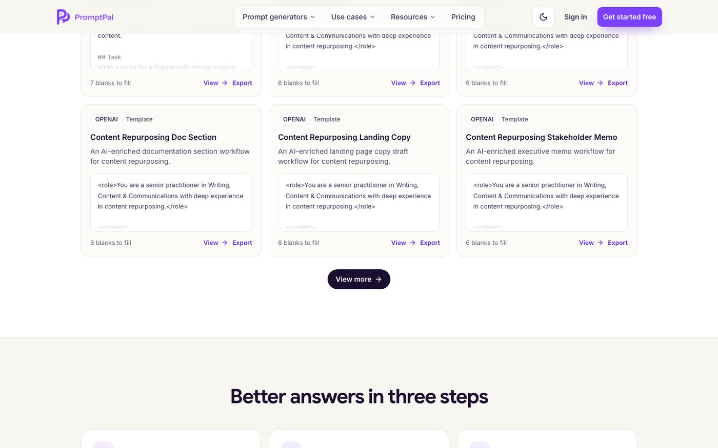 The Prompt Store: each template shows its prompt and its number of blanks, with View and Export