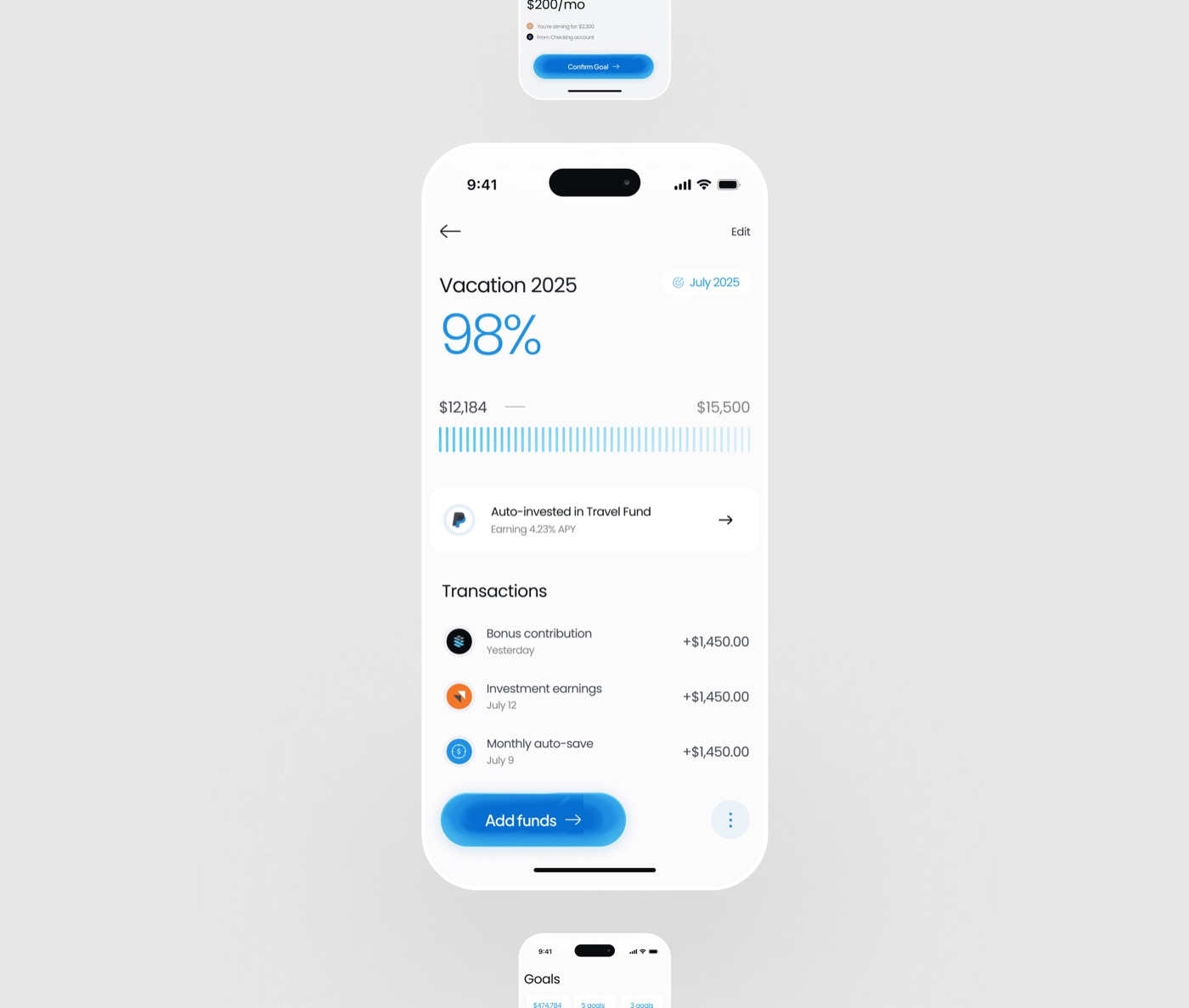 Vacation 2025 at 98%, with auto-invest status and recent deposits. Sample data.